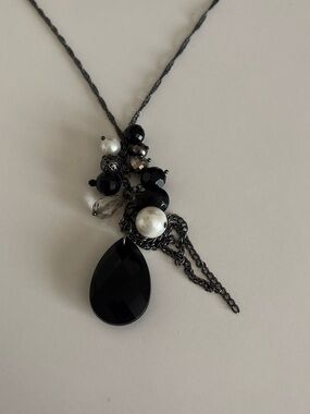 Black Gunmetal Statement Necklace with Faceted Teardrop Pendant 19” Boho Glam